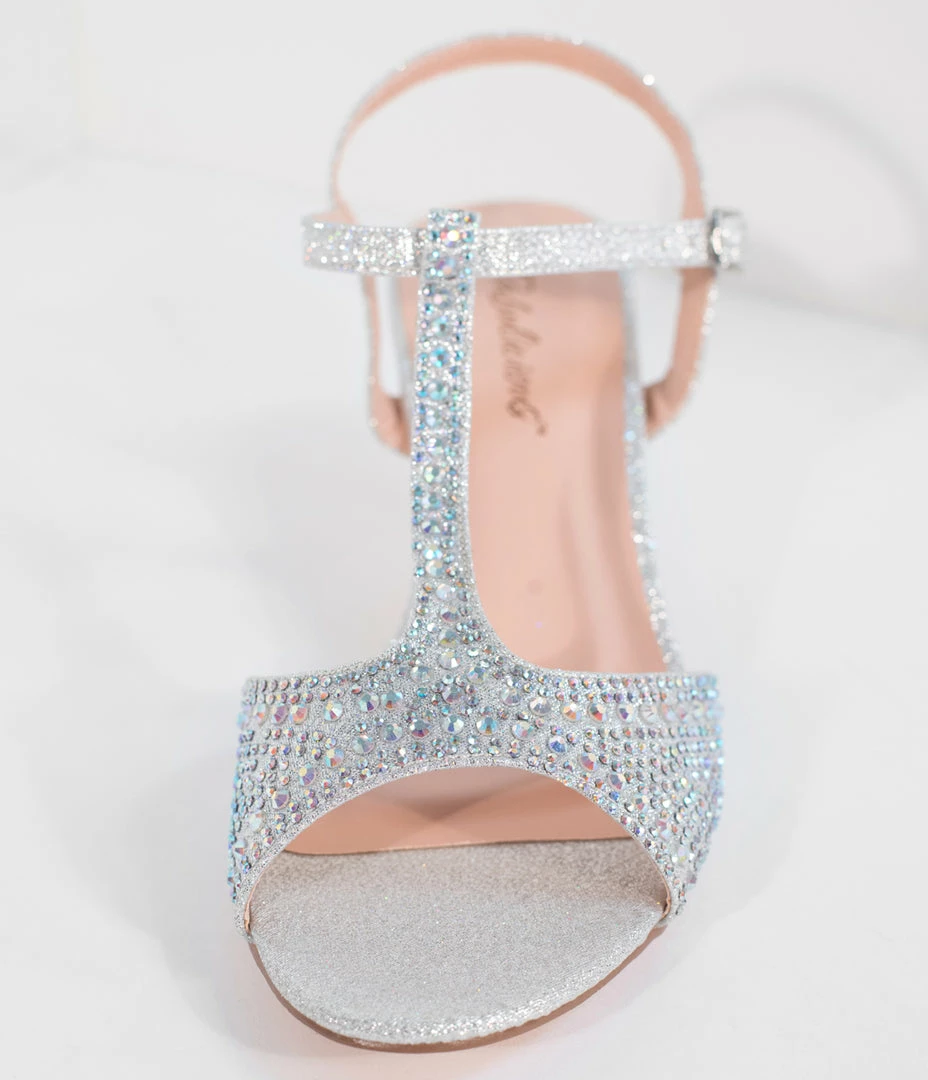 Pleaser Shimmering Silver Rhinestone Peep Toe T-Strap Kitten Heels Shoes
