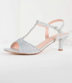 Pleaser Shimmering Silver Rhinestone Peep Toe T-Strap Kitten Heels Shoes