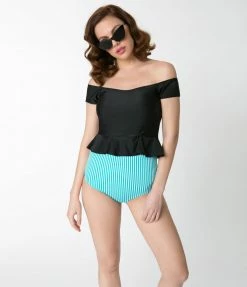 Janela Bay Swimwear Teal Green & White Striped High Waisted Swim Bottoms