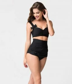 Attempt Inc. (Pinky Pinups) Swimwear Retro Style Black Gathered High Waist Skirted Swim Bottoms