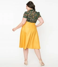 Unique Vintage Plus Size Retro Mustard Yellow Vivien Swing Skirt