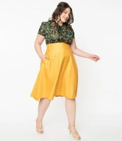 Unique Vintage Plus Size Retro Mustard Yellow Vivien Swing Skirt
