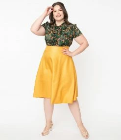 Unique Vintage Plus Size Retro Mustard Yellow Vivien Swing Skirt