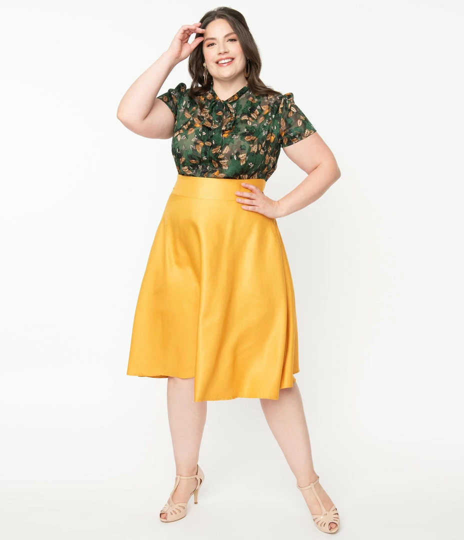 Unique Vintage Plus Size Retro Mustard Yellow Vivien Swing Skirt