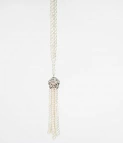 Flapper Accessories Unique Vintage Deco Style Ivory Pearl & Silver Tassel Necklace