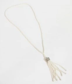 Flapper Accessories Unique Vintage Deco Style Ivory Pearl & Silver Tassel Necklace
