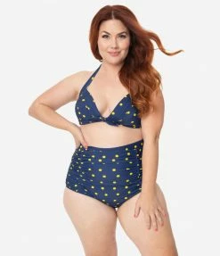 Swimwear Unique Vintage Plus Size Navy & Yellow Dotted Monroe Halter Swim Top