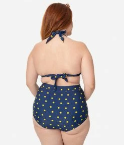 Swimwear Unique Vintage Plus Size Navy & Yellow Dotted Monroe Halter Swim Top