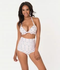 Unique Vintage Pink & Heather Blue Dotted Monroe Halter Swim Top