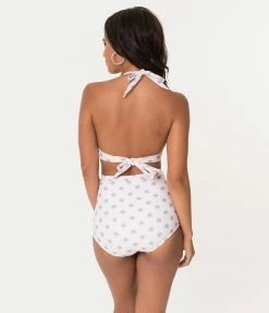 Unique Vintage Pink & Heather Blue Dotted Monroe Halter Swim Top