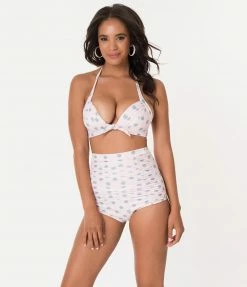 Unique Vintage Pink & Heather Blue Dotted Monroe Halter Swim Top