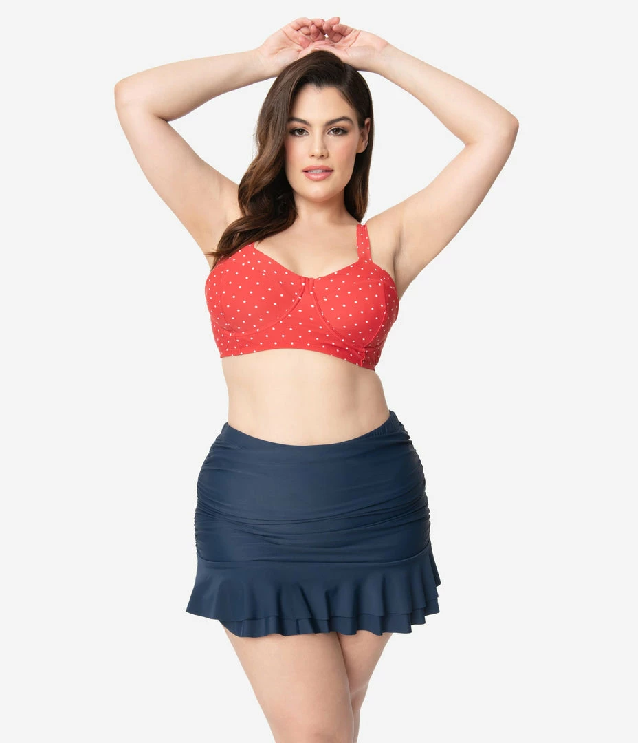 Unique Vintage Plus Size Navy Blue Skirted High Waist Alice Swim Bottoms