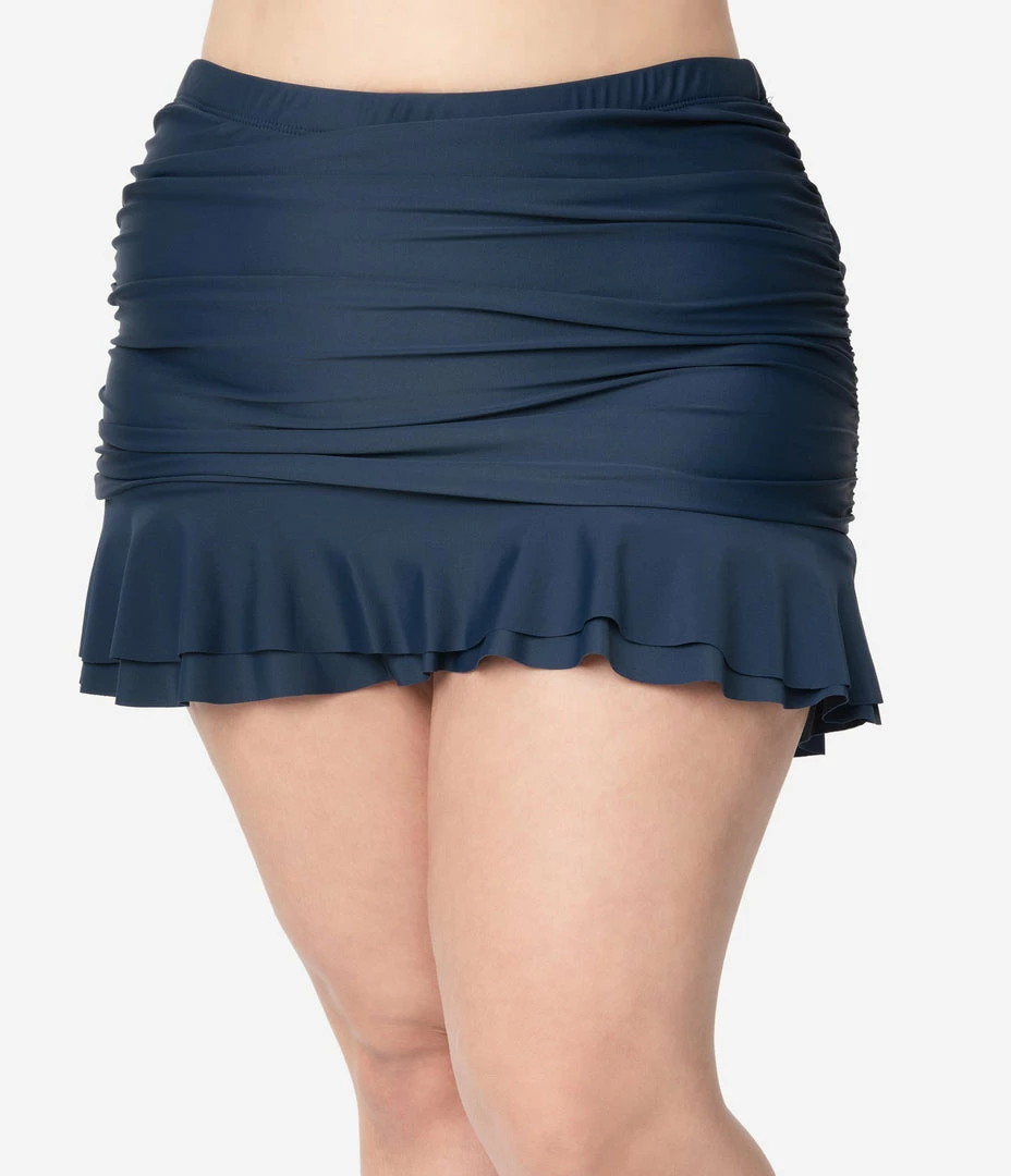 Unique Vintage Plus Size Navy Blue Skirted High Waist Alice Swim Bottoms