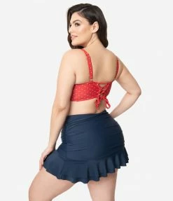 Unique Vintage Plus Size Navy Blue Skirted High Waist Alice Swim Bottoms