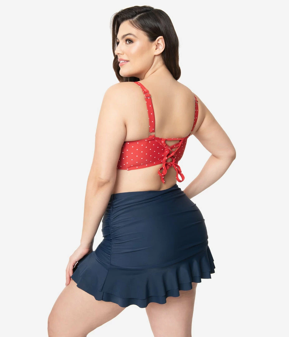 Unique Vintage Plus Size Navy Blue Skirted High Waist Alice Swim Bottoms
