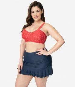 Unique Vintage Plus Size Navy Blue Skirted High Waist Alice Swim Bottoms