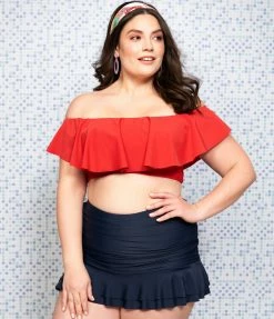 Unique Vintage Plus Size Navy Blue Skirted High Waist Alice Swim Bottoms