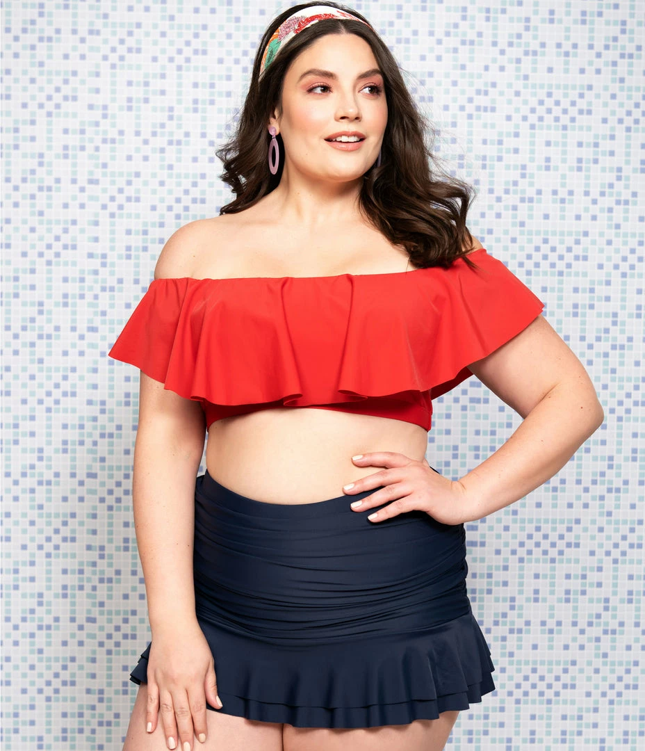Unique Vintage Plus Size Navy Blue Skirted High Waist Alice Swim Bottoms