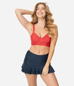 Unique Vintage Navy Blue Skirted High Waist Alice Swim Bottoms Swimwear