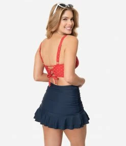 Unique Vintage Navy Blue Skirted High Waist Alice Swim Bottoms Swimwear