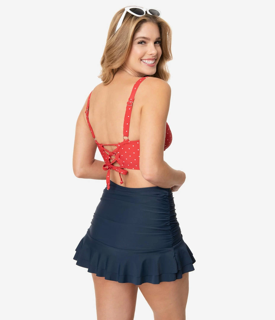 Unique Vintage Navy Blue Skirted High Waist Alice Swim Bottoms Swimwear