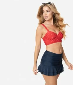 Unique Vintage Navy Blue Skirted High Waist Alice Swim Bottoms Swimwear