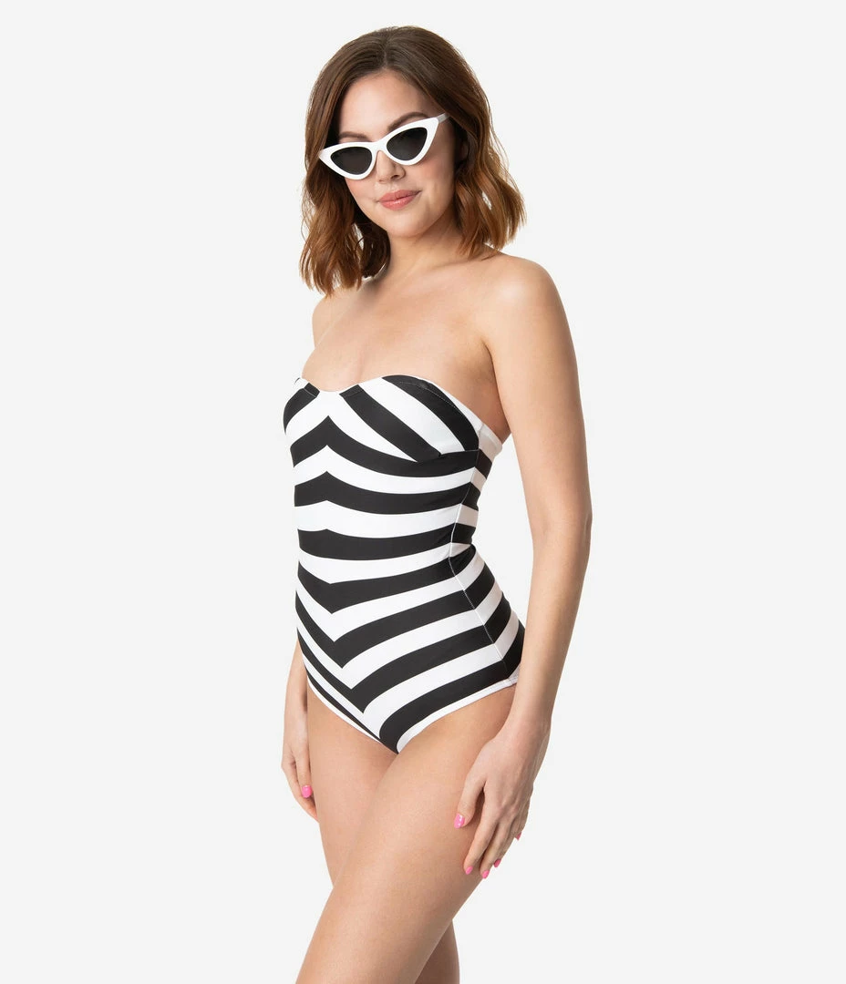 Swimwear Barbie X Unique Vintage Black & White Chevron Stripe One Piece Bathing Suit