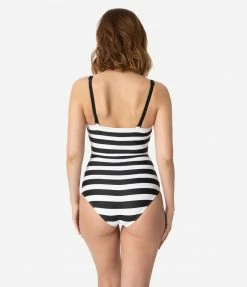 Swimwear Barbie X Unique Vintage Black & White Chevron Stripe One Piece Bathing Suit