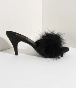 Pleaser Black Satin & Marabou Feather Peep Toe Amour Heel Slipper
