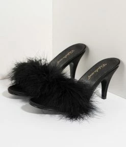 Pleaser Black Satin & Marabou Feather Peep Toe Amour Heel Slipper