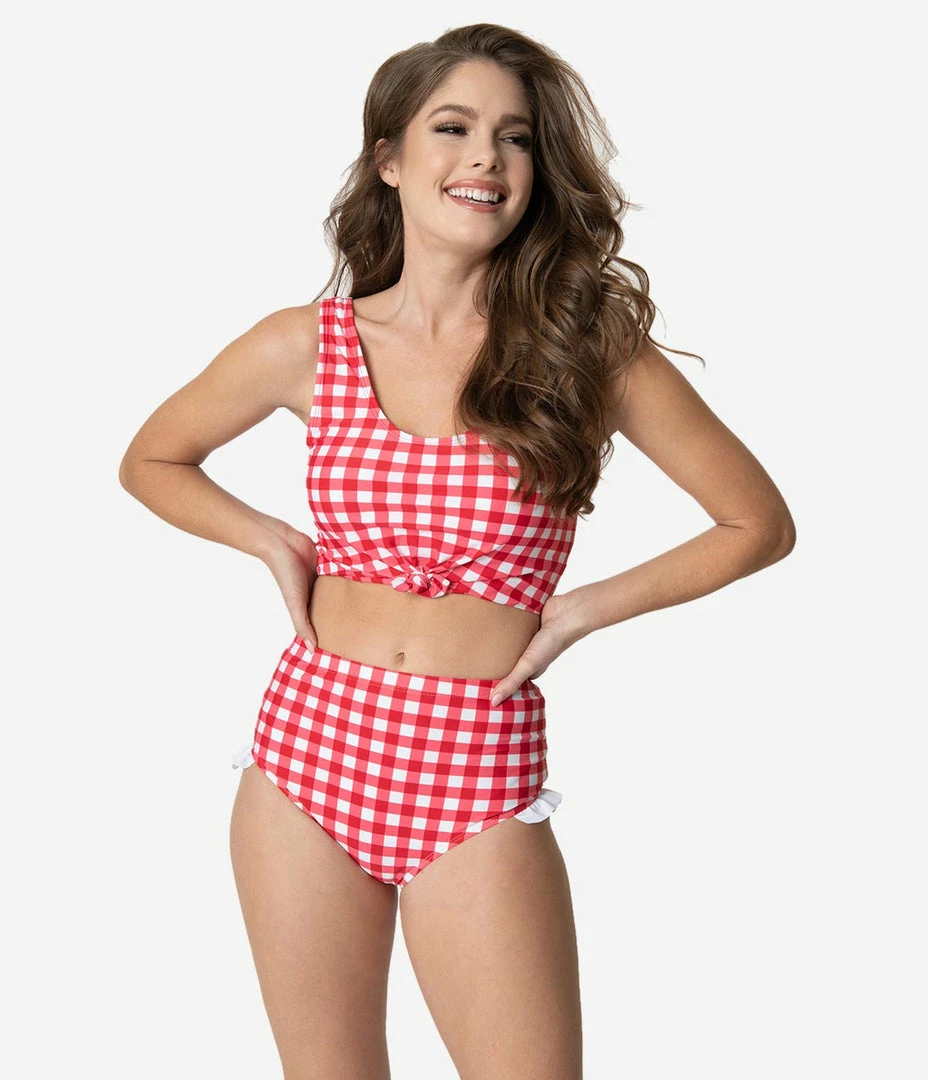 Coral Reef Swim Retro Style Red & White Gingham Ruffle Swim Bottom