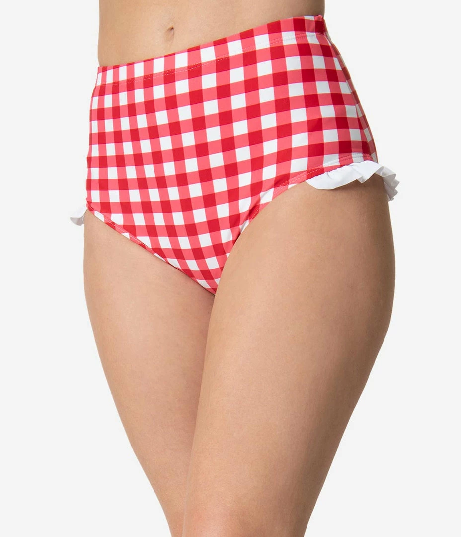 Coral Reef Swim Retro Style Red & White Gingham Ruffle Swim Bottom