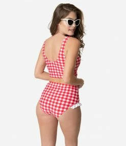 Coral Reef Swim Retro Style Red & White Gingham Ruffle Swim Bottom