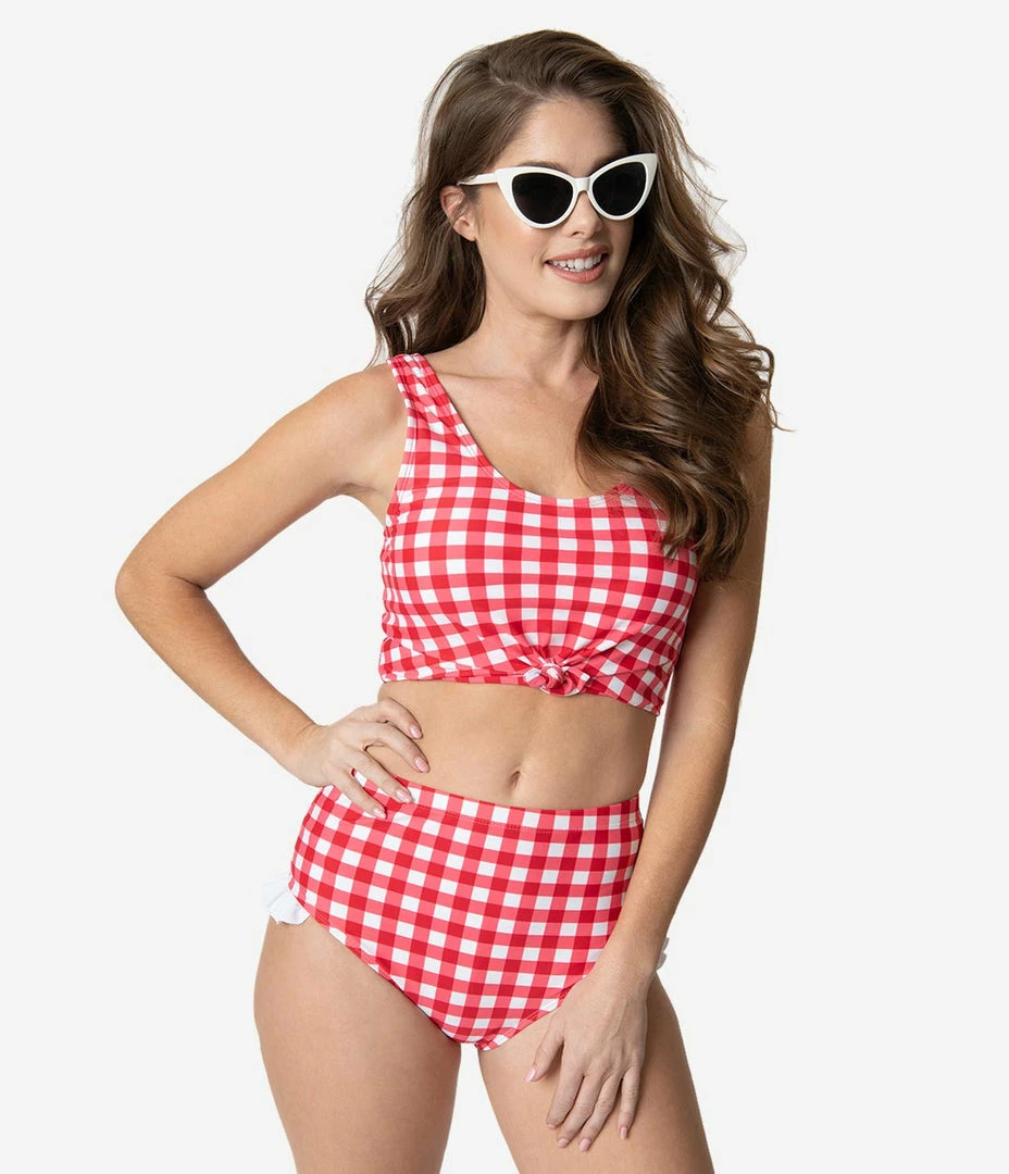 Coral Reef Swim Retro Style Red & White Gingham Ruffle Swim Bottom