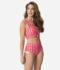 Coral Reef Swim Retro Style Red & White Gingham Ruffle Swim Bottom
