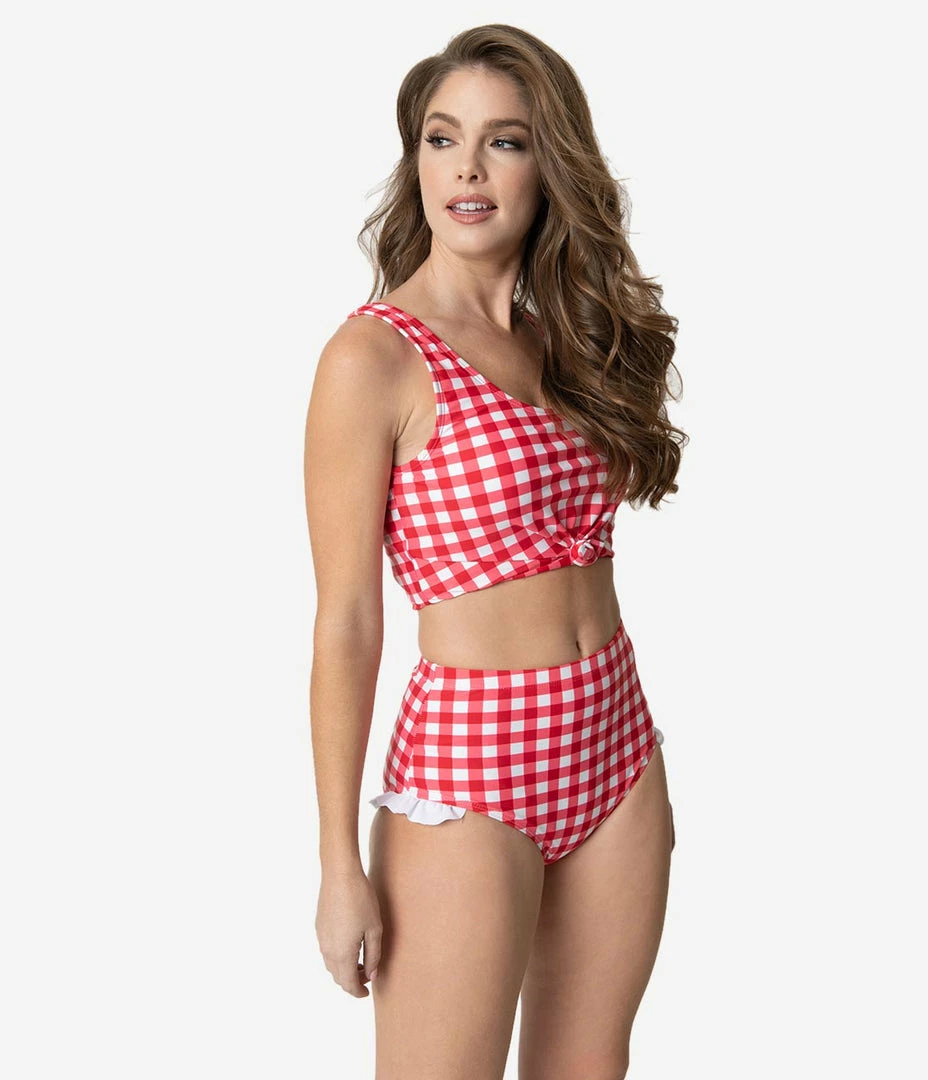 Coral Reef Swim Retro Style Red & White Gingham Ruffle Swim Bottom