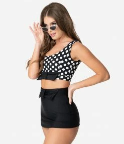 Attempt Inc. (Pinky Pinups) Vintage Style Black & White Polka Dot Bow Swim Top
