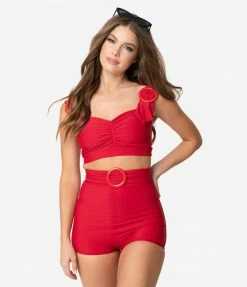 Attempt Inc. (Pinky Pinups) Swimwear Retro Style Red Rounded Buckle Pin-Up Swim Top