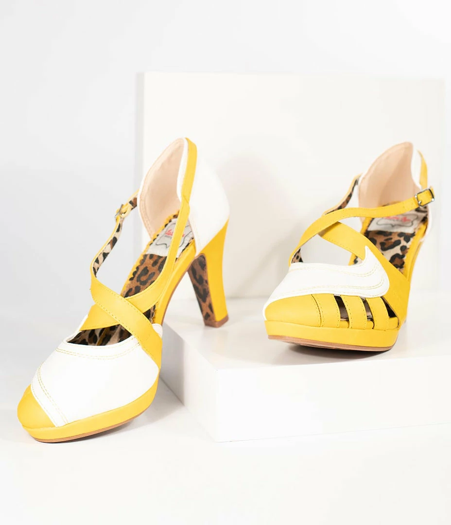 Ellie Shoes Bettie Page Yellow & White Leatherette Criss Cross Angie Heels