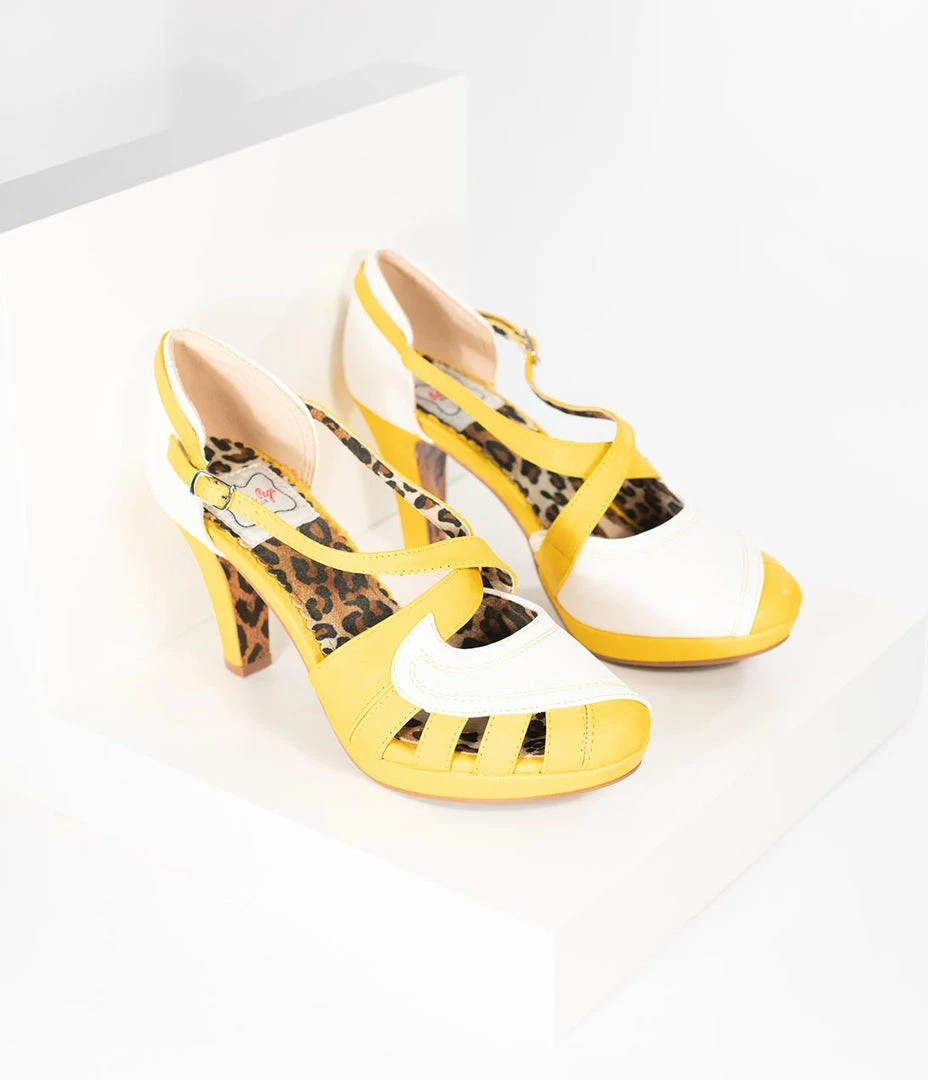 Ellie Shoes Bettie Page Yellow & White Leatherette Criss Cross Angie Heels