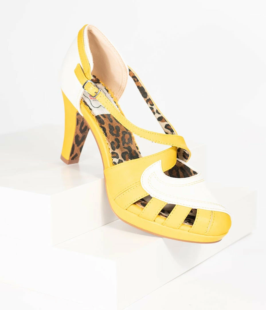 Ellie Shoes Bettie Page Yellow & White Leatherette Criss Cross Angie Heels