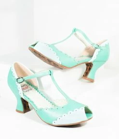 Ellie Shoes Bettie Page 1940s Mint Scalloped Peep Toe T-Strap Carlie Heels
