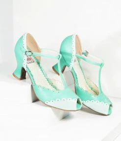 Ellie Shoes Bettie Page 1940s Mint Scalloped Peep Toe T-Strap Carlie Heels