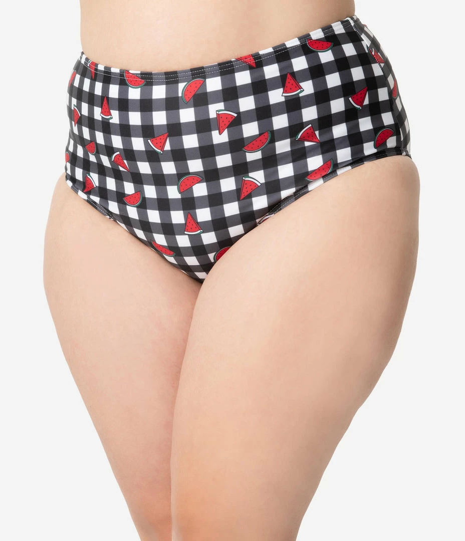 Collectif X Playful Promises Black & White Gingham Watermelon Print Swim Bottoms