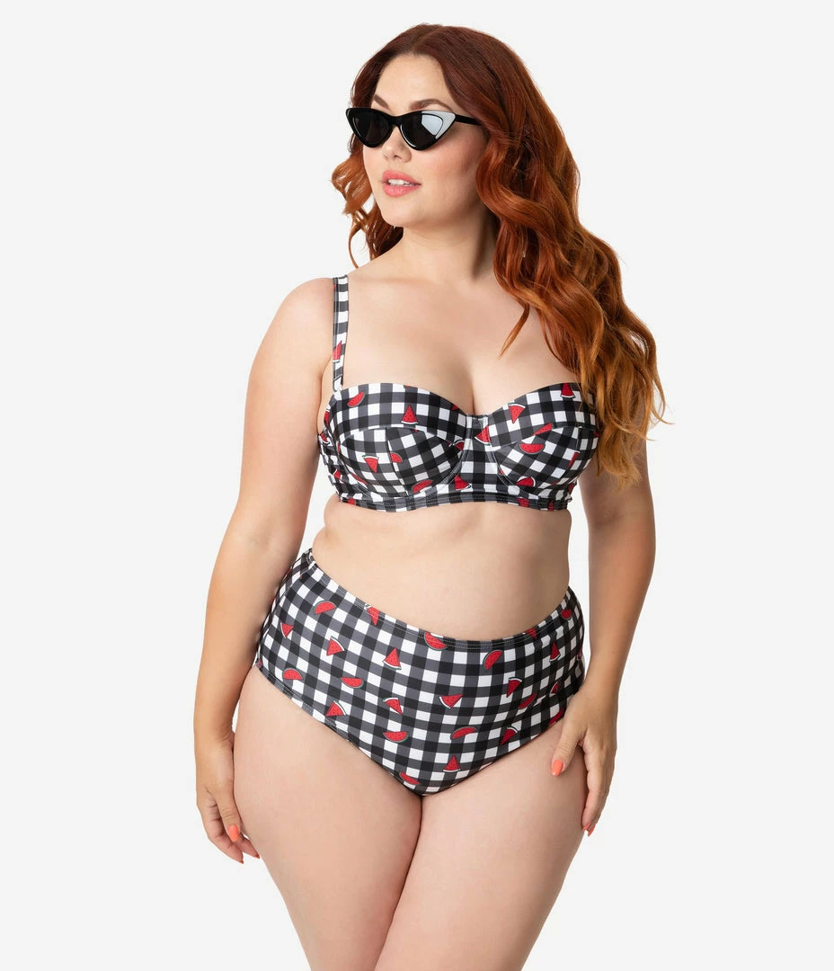 Collectif X Playful Promises Black & White Gingham Watermelon Print Swim Bottoms