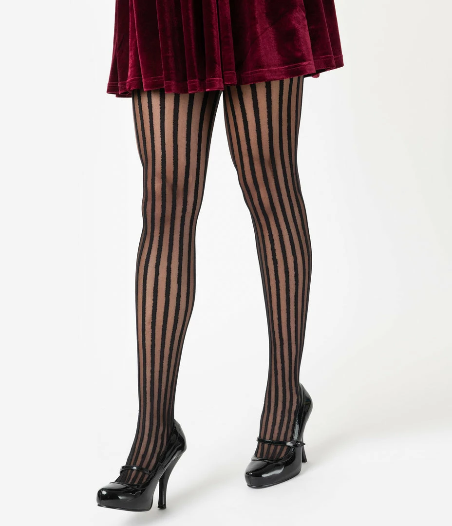 Sky Hosiery (Music Legs) 1950s Black Sheer Pin Stripe Pantyhose