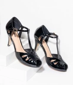 Unique Vintage Black Patent Leatherette Peep Toe T-Strap Everly Pumps Flapper
