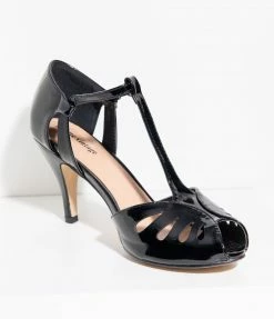 Unique Vintage Black Patent Leatherette Peep Toe T-Strap Everly Pumps Flapper