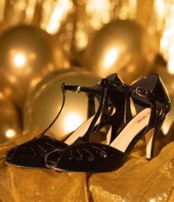 Unique Vintage Black Patent Leatherette Peep Toe T-Strap Everly Pumps Flapper