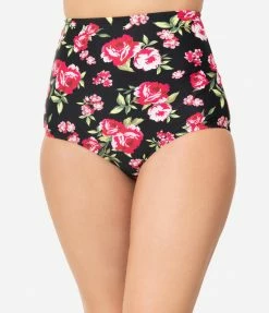 Unique Vintage Black & Pink Floral High Waist Louise Swim Bottoms Swimwear